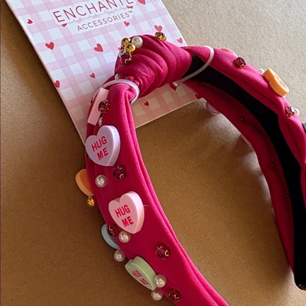 Hot pink Headband with faux candy Hearts, pearls, and rhinestone Accents